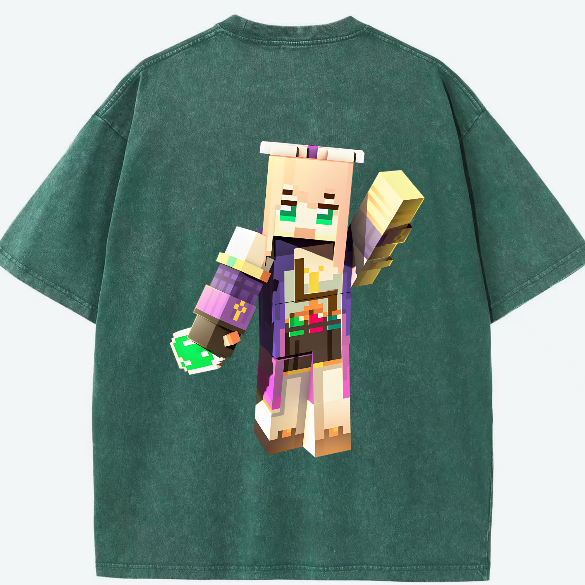 （画像用） マインクラフト ブロックの世界 Minecraft MC Block world 綿100% ヴィンテージ風 半袖Tシャツ（背面プリント）